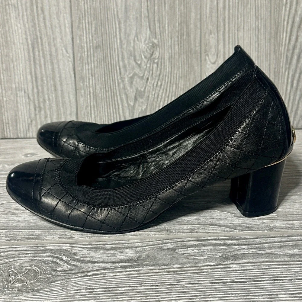 Tory Burch Black‎ Quilted Leather Block Heel Pumps Carrie Cap Toe Logo Womens 9M